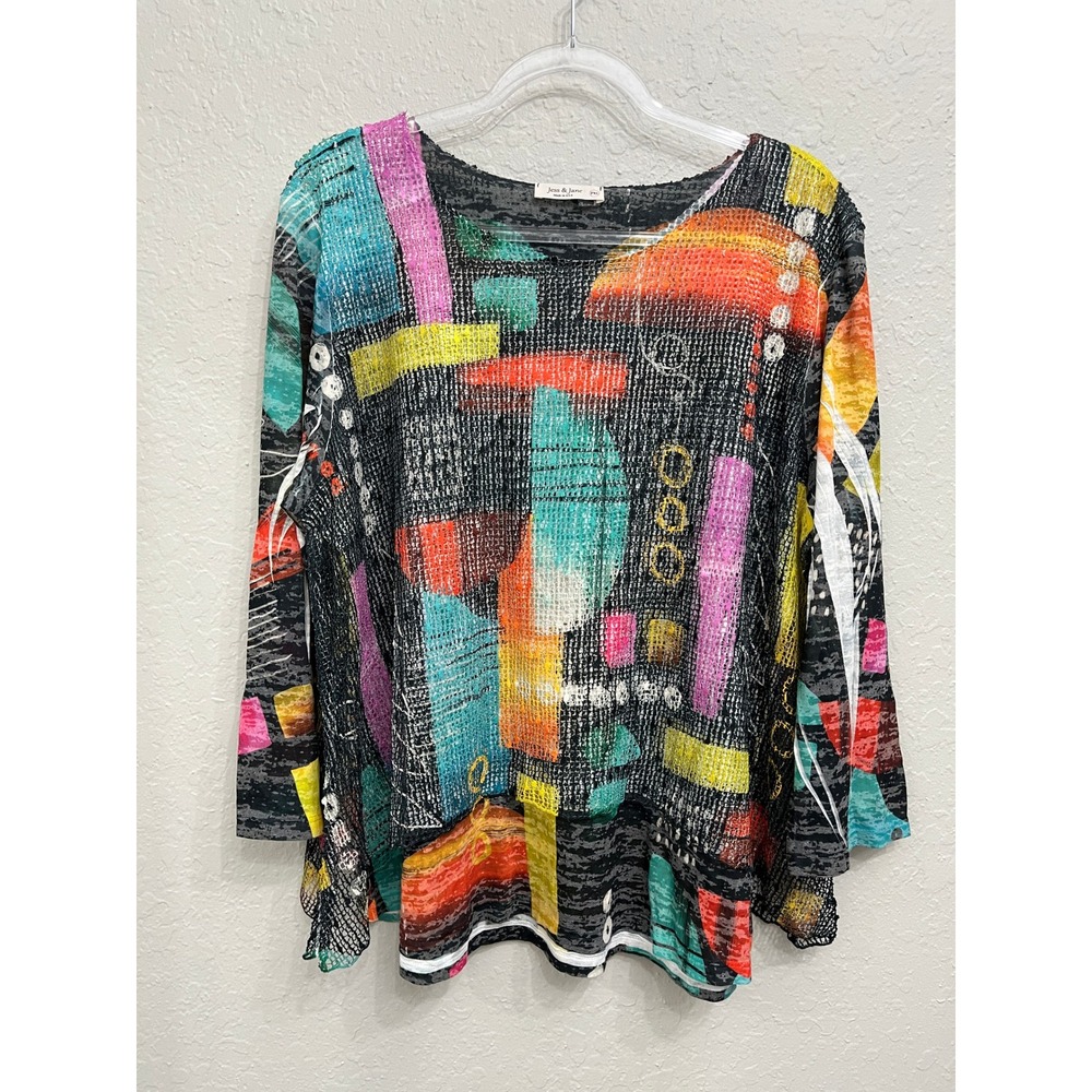 Jess & Jane Abstract Mesh Top Petite XL Multi Long Sleeve Art To Wear Festival